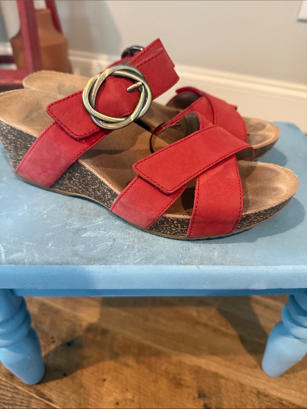 Dansko Red Suede Wedge Sandal with Decorative Buckle